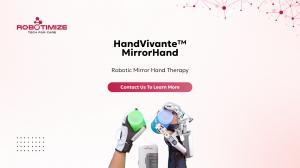 HandVivante MirrorHand robotic mirror therapy device showing bilateral hand exoskeletons with task objects, Robotimize branding