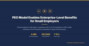 A growing number of small employers are using Professional Employer Organizations (PEOs) to offer benefits packages that were previously available only through large enterprise plans Infographic showing the PEO model for small employers, with key stats: 4.5 million worksite employees, 207,000 small businesses, and benefits categories including health, retirement, HR support, and claims advocacy.