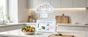 A ZolaHomeOS device on a kitchen counter illustrating AI meal planning and cloud-based intelligence for family organization.