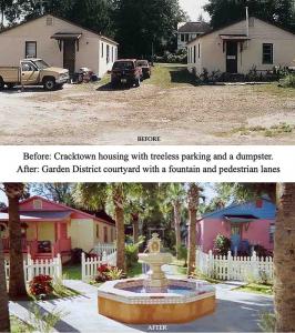 The two images show slum buildings in