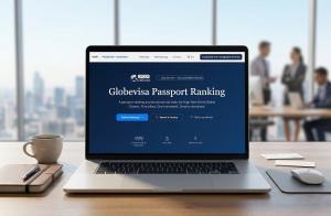 A laptop on a wooden desk displaying the Globevisa Passport Ranking website interface, with a blurred modern corporate office and professionals in the background.