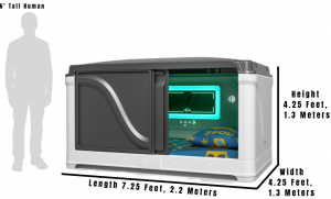 photo shows an image of zPODS single with a child in front. showing the safety fully enclosed for sensory deprivation and how the enclosure can calm adults and children with ASD or other sensory challenges