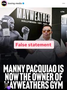 LMK Fitness ( a subsidiary of Giant Ideas, llc), owner and operator of the Mayweather Boxing + Fitness franchise system, is responding to recent media reports and social media posts incorrectly claiming that Manny Pacquiao has purchased or taken over a Mayweather Boxing + Fitness gym