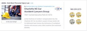 A picture of the award for Gold two years in a row for Charlotte NC Car Accident Lawyers Group in Personal Injury Law Group