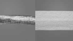 Dental professionals have recommended flossing for over a century, yet only about 30% of adults do it daily Close-up microscope image showing structural differences between round multi-filament dental floss and flat PTFE tape floss.