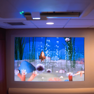 Underwater aquarium scene with fish, sea urchins, and aquatic plants on a wall-mounted screen in a room.