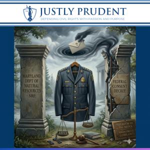 Illustration depicting a Maryland Natural Resources Police officer's uniform jacket hanging on display between two crumbling stone pillars. The left pillar is inscribed 