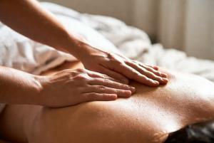 Professional massage therapist applying deep tissue back massage to a client in a spa setting, promoting relaxation, pain relief, and wellness services featured on MyTSV AI-powered business directory.