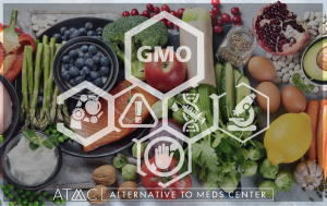 Assorted fresh foods with GMO overlay icons representing concerns about glyphosate exposure food safety and potential health effects