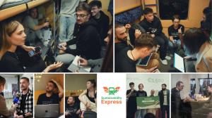 Sustainability Express has concluded its first edition, transforming a 48-hour train journey into five early-stage solutions addressing real mobility and sustainability challenges Participants working in teams inside a train during Sustainability Express hackathon, using laptops and discussing ideas for sustainability solutions