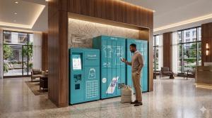 Washera Inc., a Virginia-based technology company, today announced the deployment of its AI-enabled laundry automation platform at its first pilot location in Northern Virginia — marking a significant milestone in the company’s mission to modernize laundry services through smart infrastructure and data-driven operations Architectural rendering of Washera smart laundry locker system in a modern building lobby, showing drop-off kiosk and pick-up lockers with mobile app integration and 24/7 access signage.