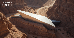 Angular futuristic building set on a cliff in a vast desert canyon landscape with winding road and rocky formations.