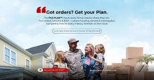 Military family smiling outside their new home surrounded by moving boxes with text reading Got orders Get your Plan promoting the free PCS PLAN from PCS Pay It Forward