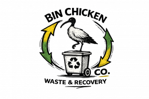 Logo for Bin Chicken Co. featuring a white ibis (Australian bin chicken) perched on a wheeled recycling bin with the universal recycling symbol. The bird and bin are illustrated in a hand-drawn sketch style on a black background, surrounded by a circular