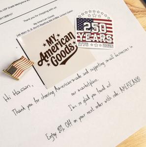 My American Goods® order packaging with handwritten note, stickers, and curated customer experience
