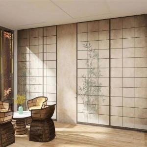 Japanese style wall panels wallpaper in a modern interior space with soft lighting