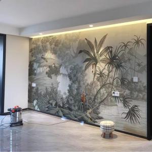 Custom wall mural installation in a modern home featuring nature landscape wallpaper design