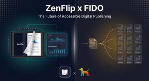 Wide-format promotional graphic on a dark background with teal and navy tones. The heading reads "ZenFlip x FIDO" in bold white, with the subtitle "The Future of Accessible Digital Publishing" below it. On the left, a tablet device displays the ZenFlip pa