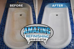 Before and after bathtub refinishing showing the transformation from heavily stained, worn surfaces to a smooth, clean, like-new finish