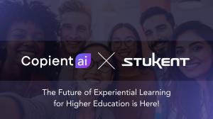 Six smiling faces behind a purple wash, featuring the Copient.AI and Stukent logos, with a subtitle "The Future of Experiential Learning for Higher Education is Here!"