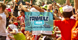 Fanmeile Miami launch graphic showing a cheering football crowd with Fanmeile Miami logo and Launches in Coral Gables text.
