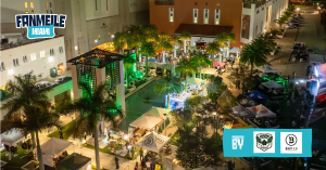 Nighttime aerial view of Bay 13 Brewery and Kitchen in Coral Gables branded for Fanmeile Miami.