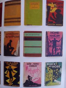 Book covers representing nine works by Harlem Renaissance writers: Jessie Redmon Fauset, Countee Cullen, Langston Hughes, James Weldon Johnson, Nella Larsen, Claude McKay, Wallace Thurman, Arna Bontemps, and George Schuyler