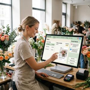 A screenshot of the Hana Florist POS dashboard showing the 'Marketing' menu expanded with a red arrow pointing to the 'Social Media Marketing' option.