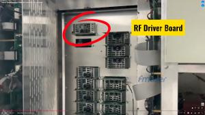 Interior view of a transmitter cabinet featuring multiple stacked metal modules. A prominent red circle highlights the top-left module, accompanied by a yellow text box reading 
