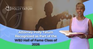 Worcester, MA lawyer Polly Tatum beside the press release title, “Attorney Polly Tatum Recognized as Part of the WBJ Hall of Fame Class of 2026”.