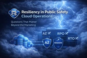 Graphic for Public Safety Cloud Standards about resiliency in public safety cloud operations, featuring storm clouds, lightning, cloud infrastructure, and references to AZ, Region, RPO, and RTO.