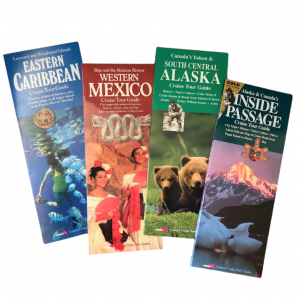 The covers of all four Coastal Cruise Tour Guides products from left to right: Eastern Caribbean, Western Mexico, South Central Alaska, and The Inside Passage