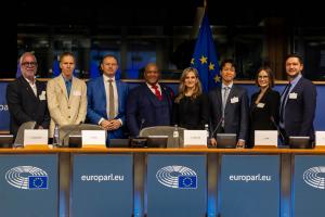 A. Ragusa, J. Kára, O. Knotek, M. Burns, M. Ovtsynova, J. Ahn, A. Kotlyar, and A. Masny at the European Parliament during the conference “NANOPLASTICS: HIDDEN CONNECTIONS AND EMERGING RISKS”, February 24, 2026