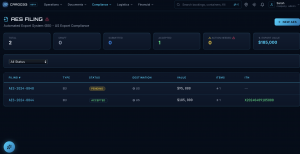 Cargo33 compliance filing screen showing ISF 10+2 and AES electronic export information forms with submission status indicators