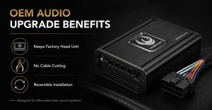 Phoenix Gold OEM audio upgrade benefits for Mercedes with plug-and-play amplifier and wiring harness