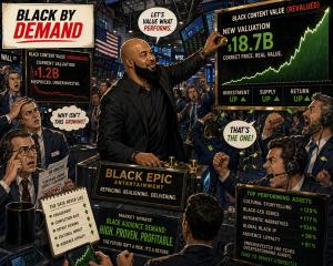 Illustration of a stock market trading floor with a presenter highlighting rising valuation for Black-led content, contrasted with undervalued metrics on the opposite side.