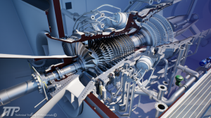 GE 7HA gas turbine model used in a power plant workforce readiness program, showing key components and systems for technician training in modern power plant operations.