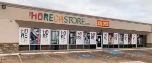 The image shows the exterior of a commercial restaurant equipment storefront branded as The Horeca Store