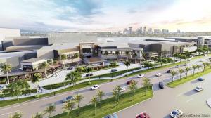 Rendering of The Galleria Fort Lauderdale redevelopment showing modern mixed‑use buildings, retail signage, landscaped walkways, palm trees, and a multi‑lane road with cars in the foreground.