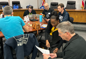 CTE teachers working together in small groups during cross-district professional development session in California