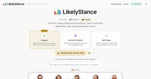 Screenshot of LikelyStance.com showing AI analysis of Senedd candidate positions and side by side comparisons on key political issues