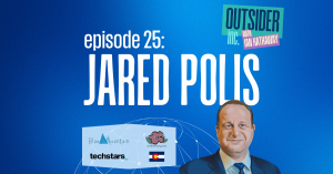 Episode 25 with Colorado Governor Jared Polis on Outsider Inc. This is the episode cover that also features an illustration of Jared Polis and logos from Blue Mountain, Proflowers, Techstars, and the Colorado Flag.