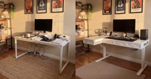 Side-by-side comparison of a messy desk with cables and papers versus a clean white standing desk with drawers, organized accessories, and cable management in a home office setting.