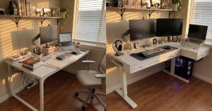 Side-by-side view of a messy L-shaped desk with cables, books, and laptop versus a clean standing desk setup with dual monitors, drawers, headphones, and organized workspace in a home office.