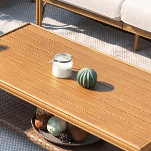 Peakhome-detail of slatted wood-grain aluminum coffee table