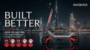 INOKIM 2026 electric scooter on a rooftop with Dubai skyline and Burj Khalifa at night, with UL2272 certification badges