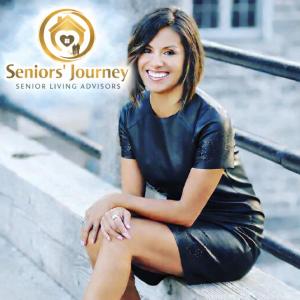 ADRIANA R OLVERA, FOUNDER OF SENIORS JOURNEY SITTING DOWN AND LOGO ON THE PHOTO