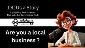 Black baground cartoon lady red hair white jacket sitting at a podcast mic for tell us a story podcast featuring local businesses
