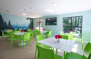 Indoor cafeteria with tables and chairs