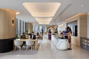 modern corporate office with neutral terrazzo floor